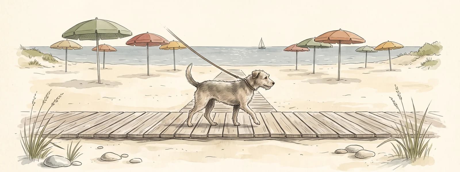 Illustrazione di una spiaggia italiana con un cane al guinzaglio. Non è la fotografia di nessuno dei luoghi di cui parla questa pagina.