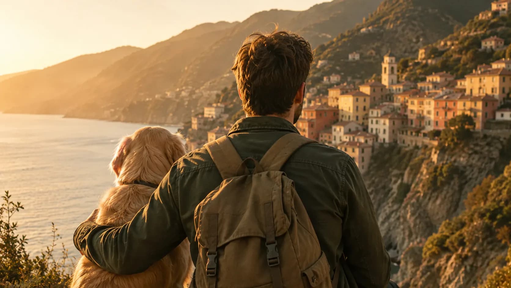 Un uomo con lo zaino tiene il braccio attorno al proprio cane guardando un borgo arroccato sulla costa italiana, al tramonto